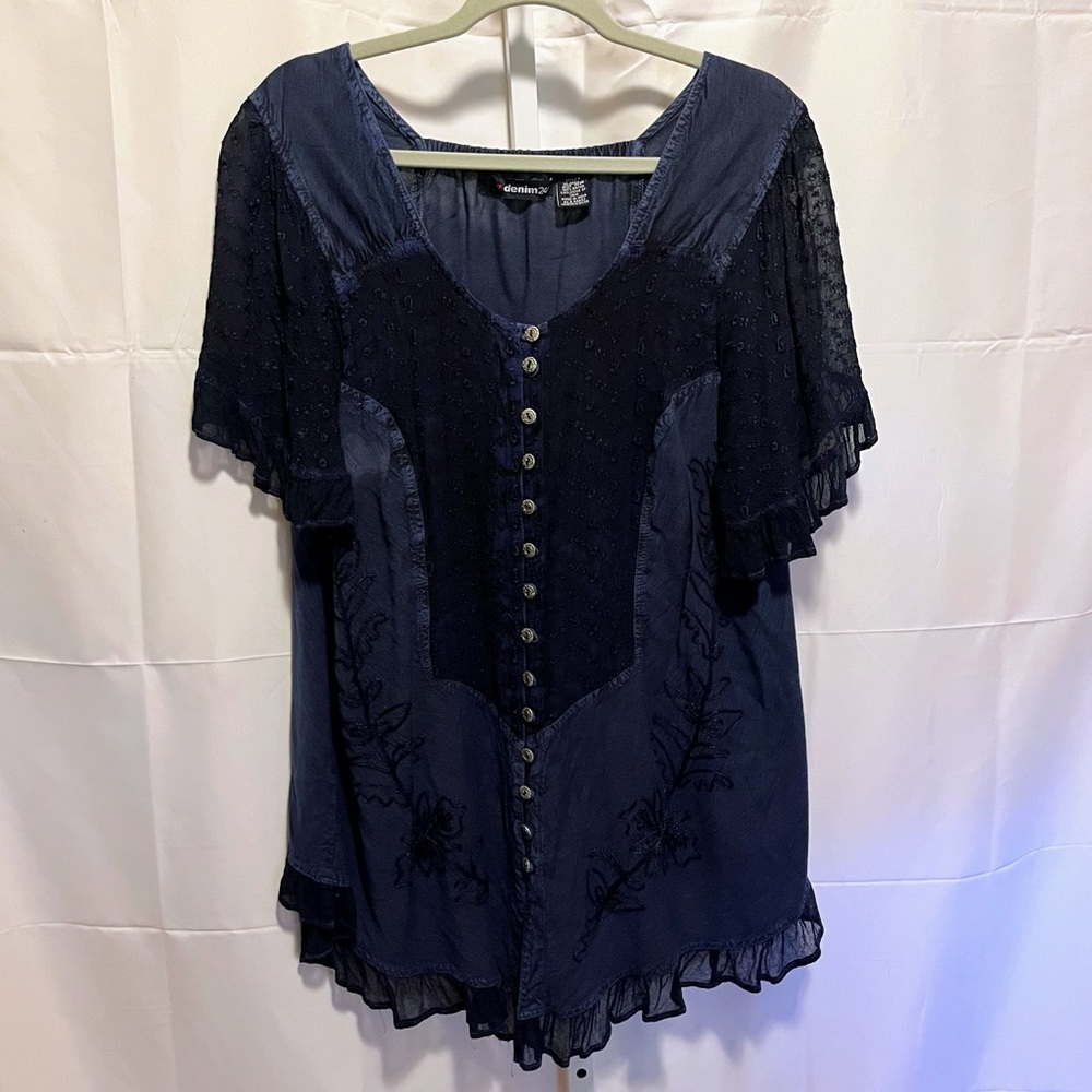 Christopher & Banks Navy Button-Front Embroidered Tunic